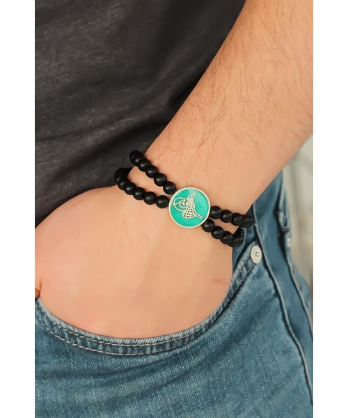 Yeşil Metal Üzerine Silver Osmanlı Tuğra Figürlü Siyah Renk Çift Sıra Doğal Taş Erkek Bileklik