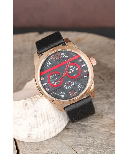 Rose Renk Spor Metal Kasa Siyah Deri Kordonlu Erkek Kol Saati