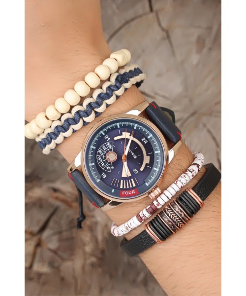 Lacivert Deri Kordonlu Rose Renk Metal Spor Kasa Erkek Saat Kombini