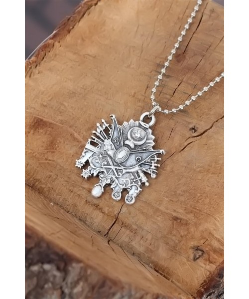 Top Zincirli Osmanlı Arması Tasarım Eskitme Gümüş Renk Kolye