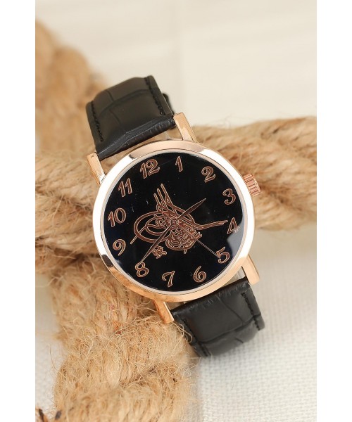 Siyah Deri Kordonlu Rose Renk Metal Kasa Osmanlı Tuğralı Erkek Saat