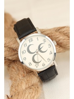 Siyah Deri Kordonlu Silver Renk Metal Kasa 3 Hilal Erkek Saat