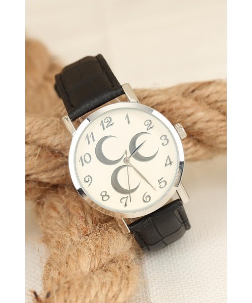 Siyah Deri Kordonlu Silver Renk Metal Kasa 3 Hilal Erkek Saat