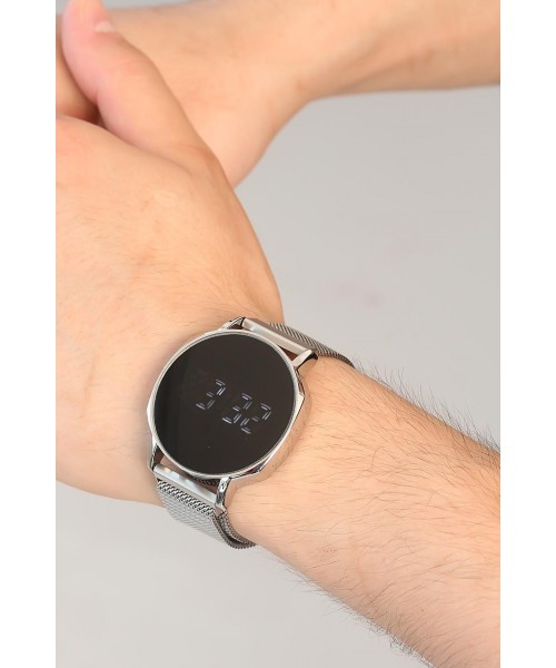 Silver Renk Hasır Metal Kordonlu Dijital Erkek Kol Saati