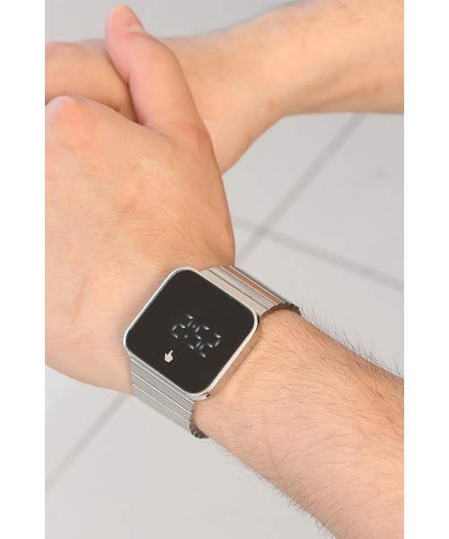 Silver Renk Metal Kordonlu Kare Kasa Dijital Erkek Kol Saati