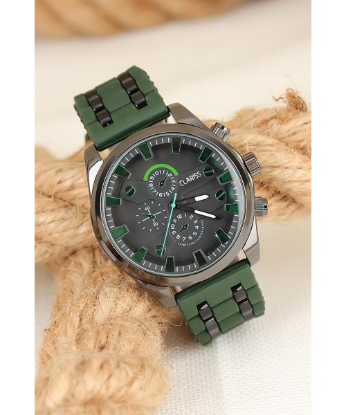 Yeşil Silikon Kordonlu Füme Renk Spor Metal Kasa Clariss Erkek Kol Saati