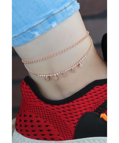 Zirkon Taşlı Çift Zincirli Rose Renk Yonca Hal Hal Zirkon Taşlı Çift Zincirli Rose Renk Yonca Hal Hal