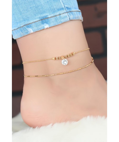 Zirkon Taşlı Gold Çift Zincir Halhal