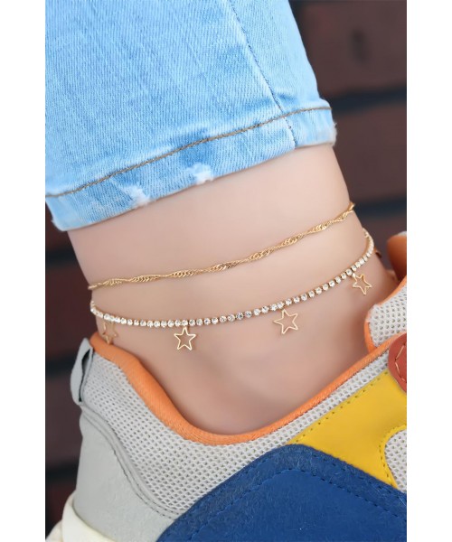 Yıldızlı Zirkon Taşlı Çift Zincir Gold Renk Halhal