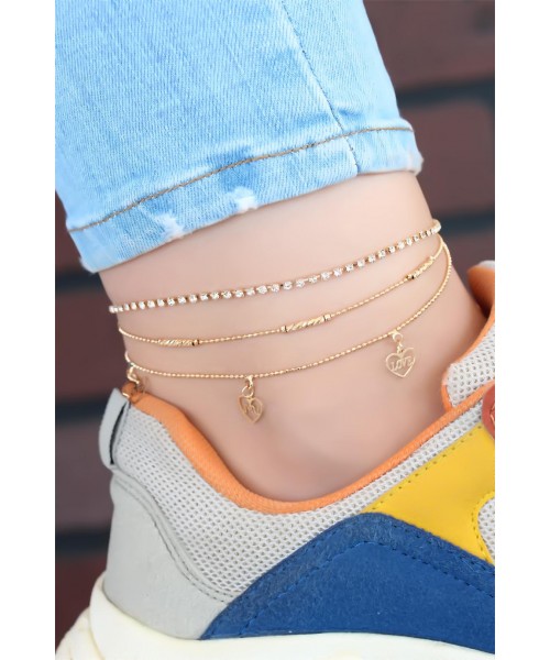 Zirkon Taşlı Çoklu Zincir Gold Renk Halhal