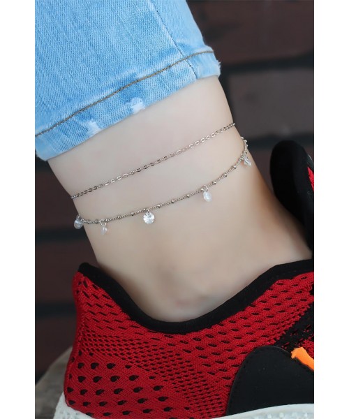 Zirkon Taşlı Silver Renk Kaplama Çift Zincir Hal Hal Zirkon Taşlı Silver Renk Kaplama Çift Zincir Hal Hal