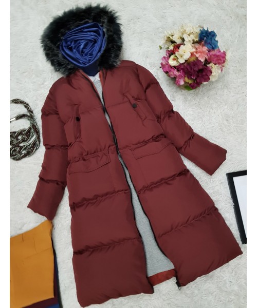 Kapşonlu Kürklü Şişme Mont -Bordo