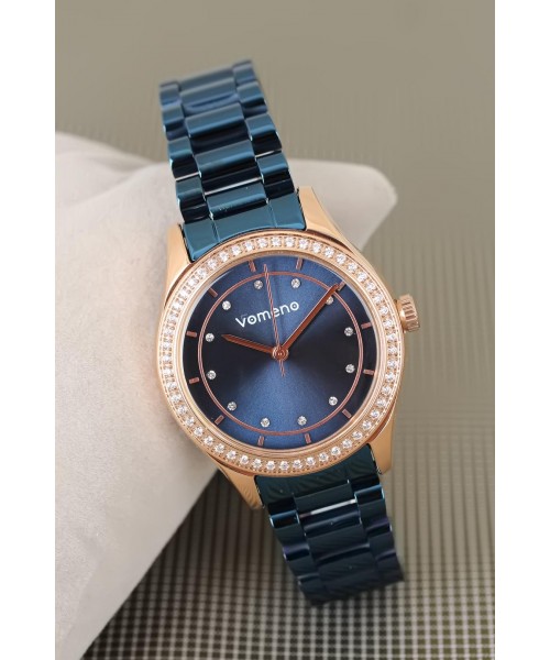 Vomeno Marka 2 Yıl Garantili Lacivert Renk Metal Kordon Taşlı Kasa Bayan Kol Saati