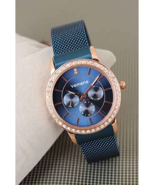 Vomeno Marka 2 Yıl Garantili Lacivert Renk Hasır Metal Kordon Taşlı Kasa Bayan Kol Saati