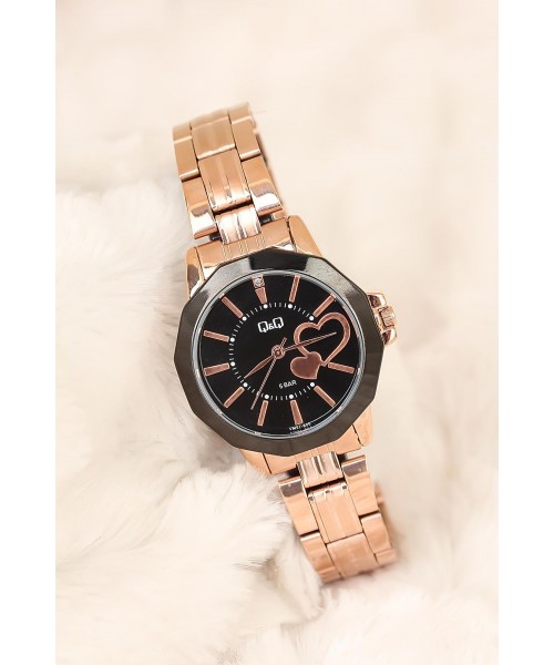 Q&amp;Q Marka Rose Kaplama Metal Kordonlu Kalpli Kasa 2 Yıl Garantili Bayan Kol Saati