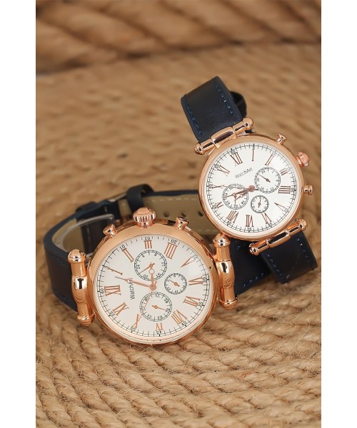 Lacivert Deri Kordonlu Beyaz Renk İç Tasarımlı Rose Renk Metal Kasa Sevgili Saatleri