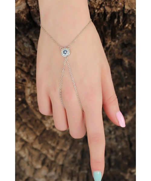 Silver Renk Zirkon Taşlı Mavi Çiçekli Şahmeran Bileklik