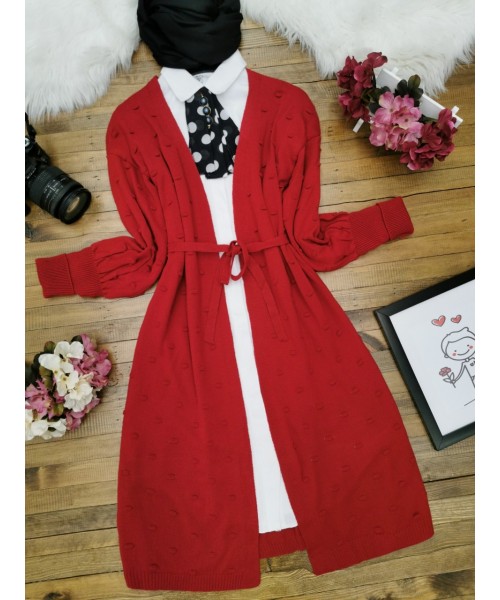 Ponponlu Kemerli Hırka -Kırmızı