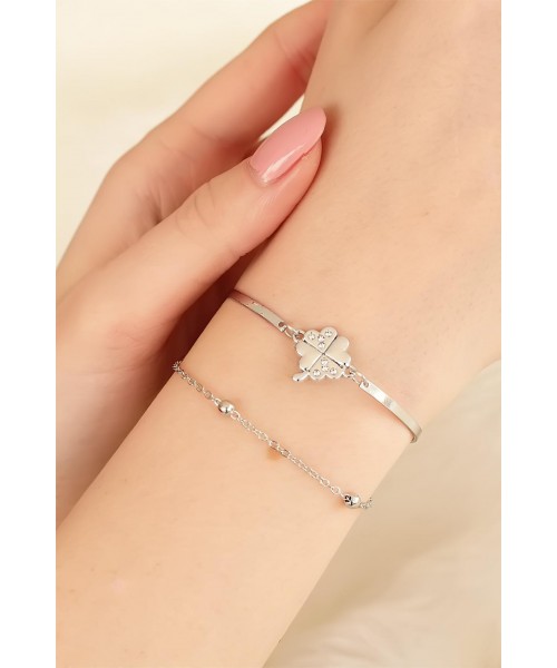 Silver Zirkon Taşlı Yoncalı Bayan Bileklik