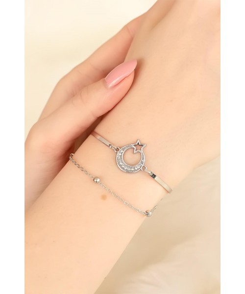 Silver Zirkon Taşlı Ay Yıldız Bayan Bileklik