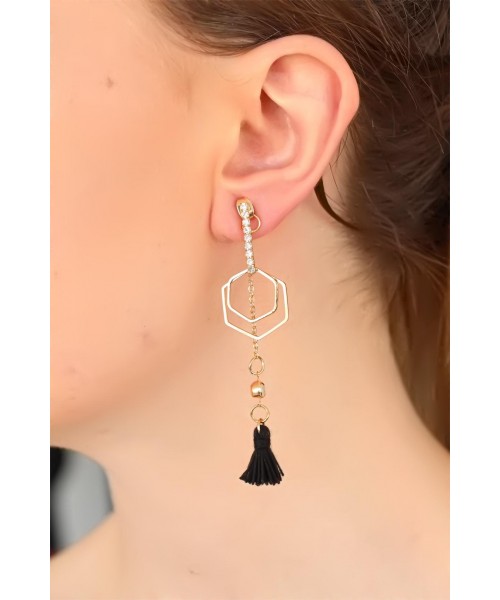 Siyah Renk Püsküllü Gold Renk Metal Bayan Sallantı Bayan Küpe