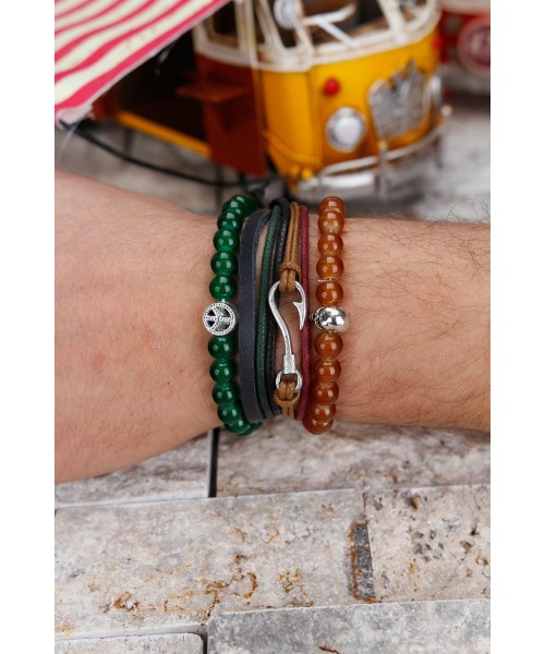 Yeşil Ve Kahverengi İpli Deri Erkek Bileklik Kombini
